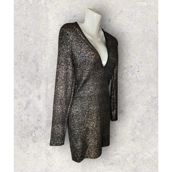 Charlotte Russe Sz Small Metallic Sparkle Plunge V Neck Long Sleeve Mini Dress - Picture 2 of 5